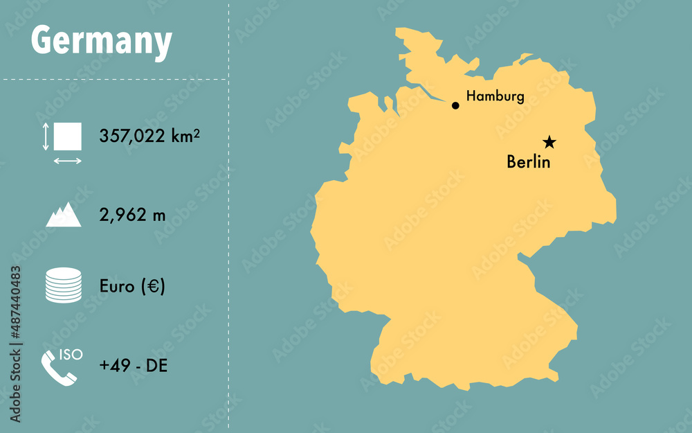 Map outline, biggest cities and general information about the country of Germany