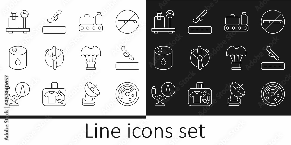Set line Radar with targets on monitor, Plane landing, Conveyor belt suitcase, propeller, Barrel oil, Scale, Box flying parachute and takeoff icon. Vector