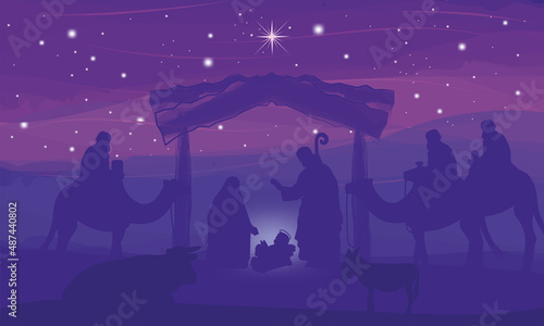 Nativity landscape purple night scene mangel Vector