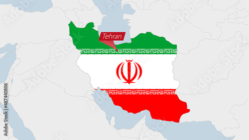 Iran map highlighted in Iran flag colors and pin of country capital Tehran.