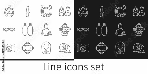 Set line Scallop sea shell, Aqualung, Diving mask with snorkel, Glasses for swimming, Stopwatch, Wetsuit scuba diving and knife icon. Vector