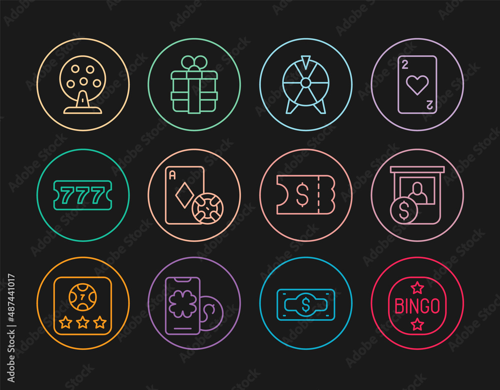 Set line Bingo, Casino chips exchange, Lucky wheel, and playing cards, Lottery ticket, machine, and Gift box icon. Vector Set line Bingo, Casino chips exchange, Lucky wheel, and playing cards, Lottery ticket, machine, and Gift box icon. Vector