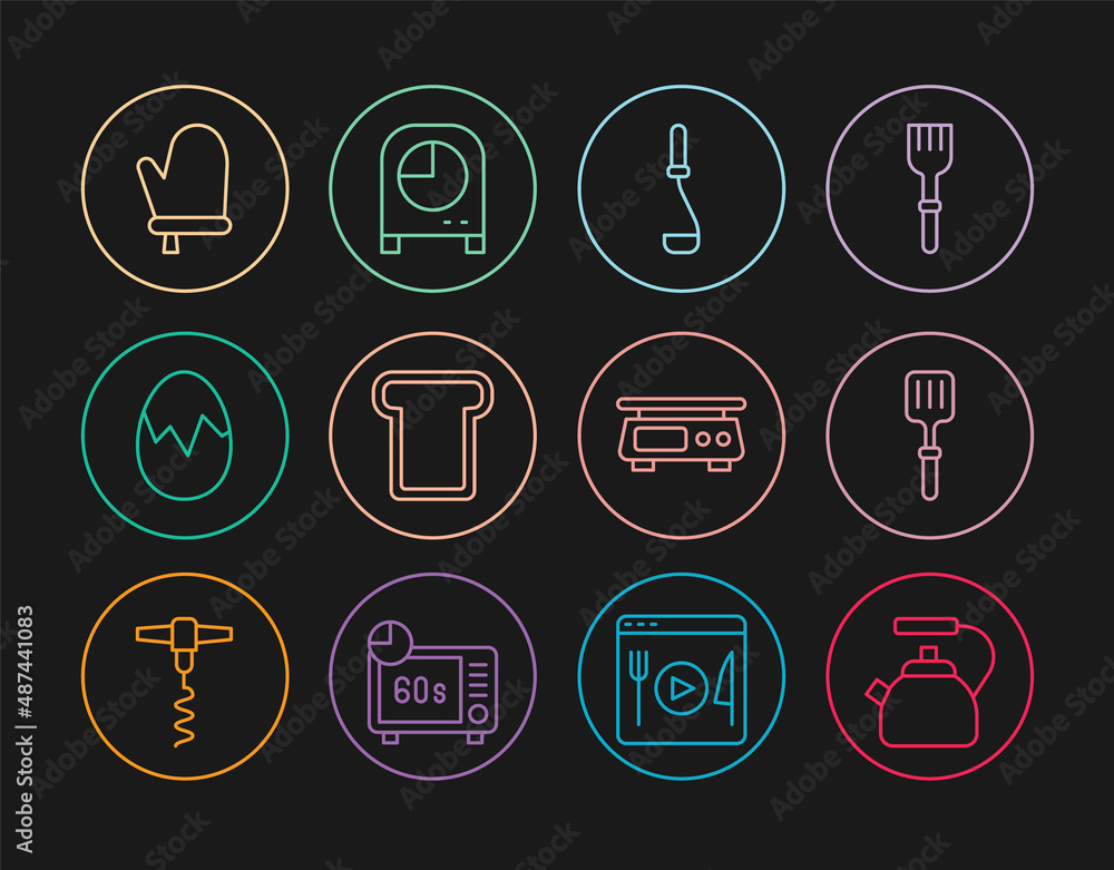 Set line Kettle with handle, Barbecue spatula, Kitchen ladle, Bread toast, Broken egg, Oven glove, Electronic scales and timer icon. Vector