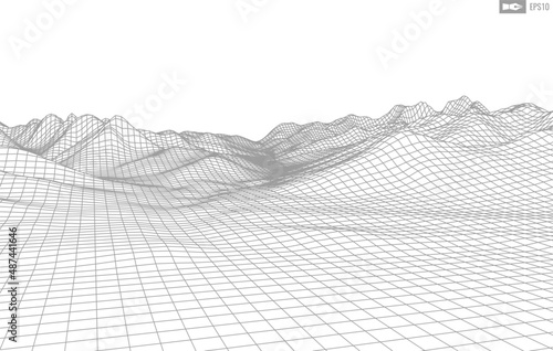 Wireframe landscape on white background. Abstract geometric vector technology background. 3d vector digital background.