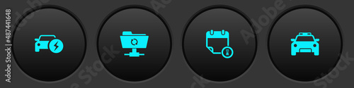 Set Electric car, FTP sync refresh, Calendar and clock and Police flasher icon. Vector