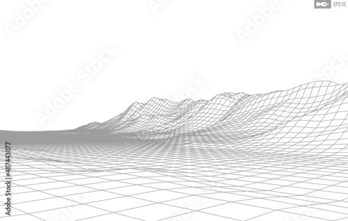 Wireframe landscape on white background. Abstract geometric vector technology background. 3d vector digital background.