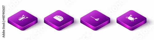 Set Isometric Lobster, Sushi, Caviar on a spoon and Crab icon. Vector