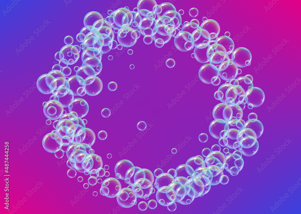 Fototapeta premium Bubble background with shampoo foam and detergent soap. 3d vector illustration layout. Aqua Blue fizz and splash. Realistic water frame and border. colorful liquid bubble background.