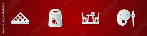 Set Louvre museum, Croissant package, French cafe and Paint brush with palette icon. Vector