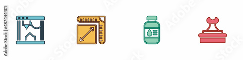 Set 3D printer, Paper size, Printer ink bottle and Stamp icon. Vector