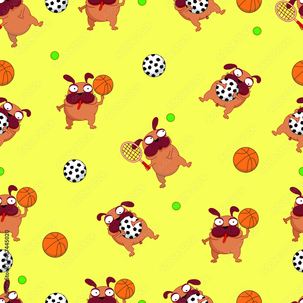 Naklejka premium vector illustration of a funny pattern seamless pug dog athlete with a ball. tennis, basketball, football
