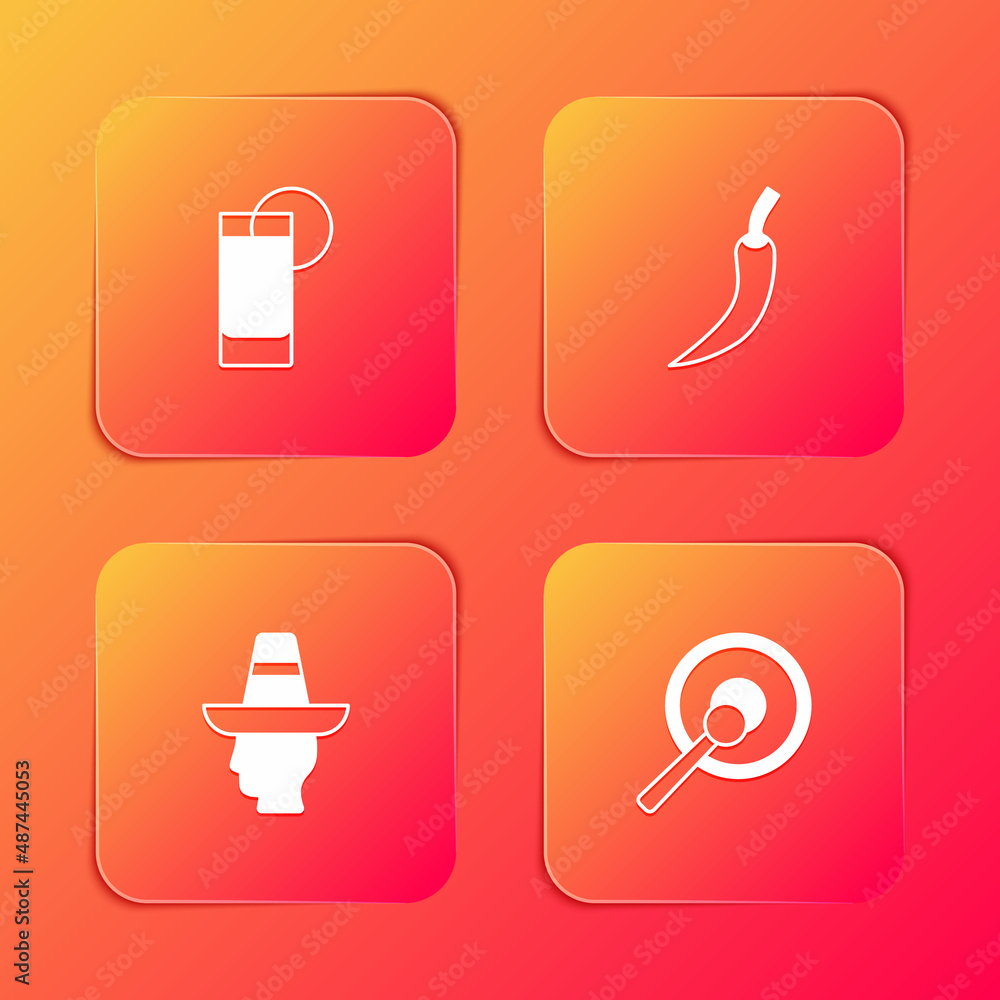 Set Tequila glass with lemon, Hot chili pepper pod, Mexican man sombrero and Gong icon. Vector Set Tequila glass with lemon, Hot chili pepper pod, Mexican man sombrero and Gong icon. Vector