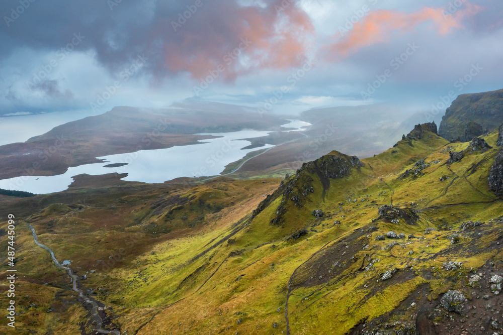 The Old Man of Storr drone view on Scotland’s Isle of Skye, Scotland The Old Man of Storr drone view on Scotland’s Isle of Skye, Scotland