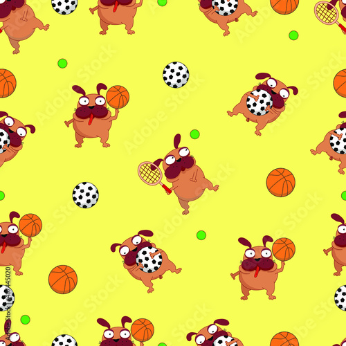 vector illustration of a funny pattern seamless pug dog athlete with a ball. tennis, basketball, football