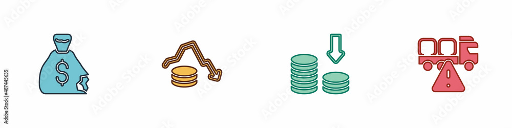Set Money bag, Dollar rate decrease, and Stop delivery cargo truck icon. Vector Set Money bag, Dollar rate decrease, and Stop delivery cargo truck icon. Vector
