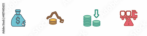 Set Money bag, Dollar rate decrease, and Stop delivery cargo truck icon. Vector