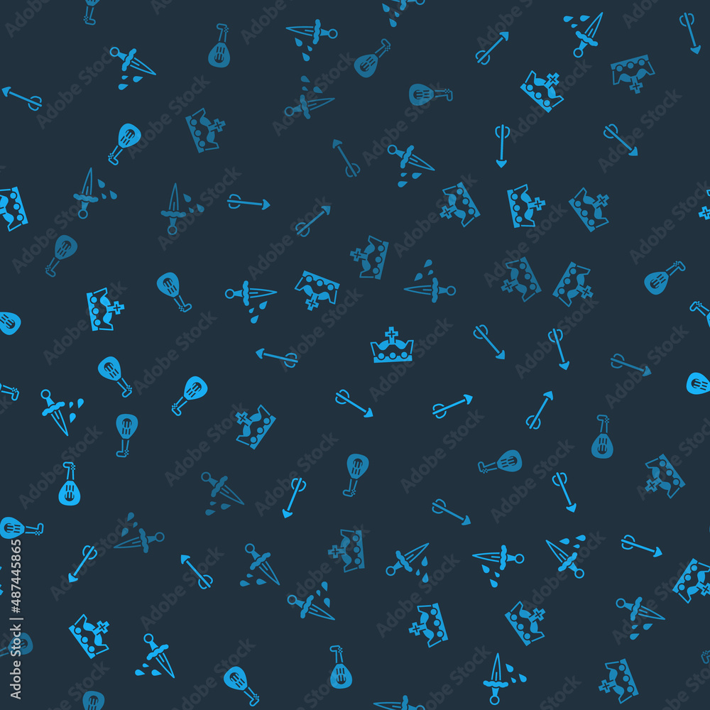 Set Sword with blood, Arrow, King crown and Lute on seamless pattern. Vector Set Sword with blood, Arrow, King crown and Lute on seamless pattern. Vector