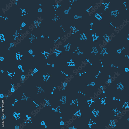 Set Sword with blood, Arrow, King crown and Lute on seamless pattern. Vector