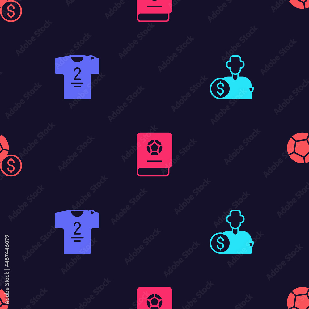 Set Buy football player, Football jersey and t-shirt, learning book and Soccer on seamless pattern. Vector Set Buy football player, Football jersey and t-shirt, learning book and Soccer on seamless pattern. Vector