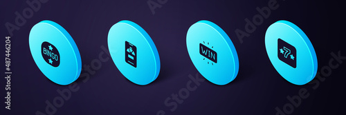 Set Isometric Casino slot machine, win, Lucky wheel on phone and Bingo icon. Vector