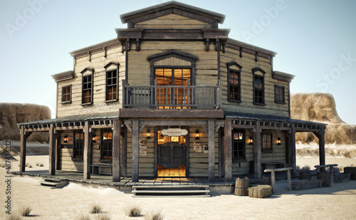 
Western town saloon lit up and open for business with a mountainous background. 3d rendering.
 photo