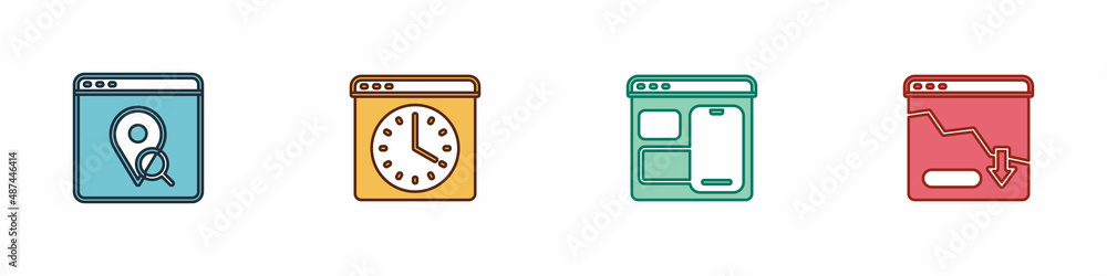 Set Infographic of city map, Browser window, Web developer programming code and Financial growth decrease icon. Vector Set Infographic of city map, Browser window, Web developer programming code and Financial growth decrease icon. Vector