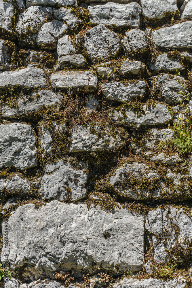 An old stone wall covered with moss and withered grass. The texture of the stone back