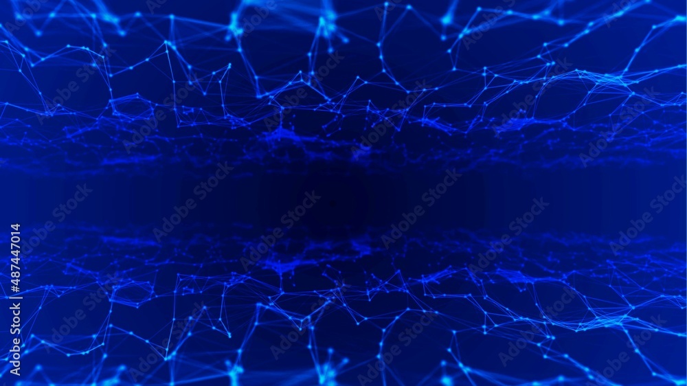 Obraz premium Abstract neon background frame. Digital network technology design. Pattern of plexus lines and dots, particles. Information field. Connection threads. Glow LED strip. Poster business, medicine.