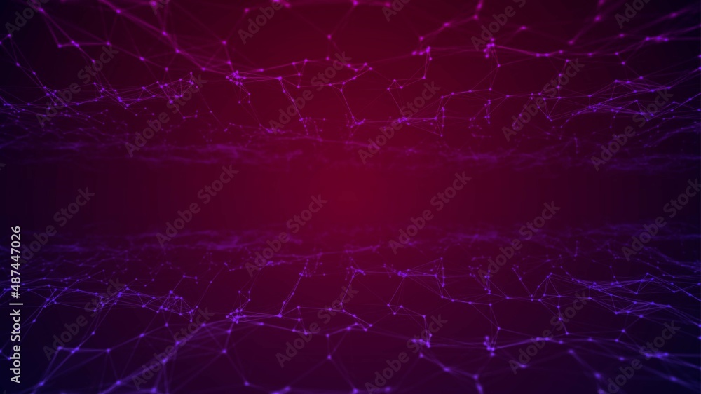 Abstract neon background frame. Digital network technology design. Pattern of plexus lines and dots, particles. Information field. Connection threads. Glow  LED strip. Poster business, medicine.