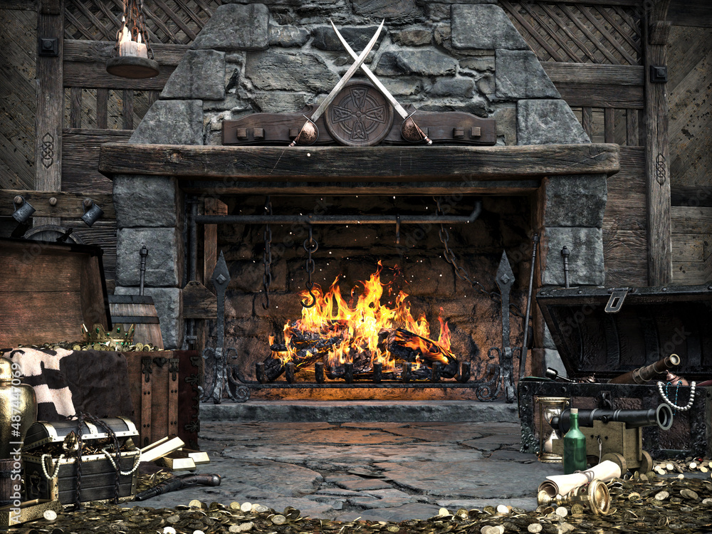 Fantasy treasure room interior with stone fireplace background loaded with valuables. 3d