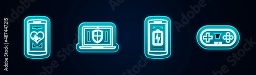 Set line Smartphone with heart rate, Laptop shield, battery charge and Gamepad. Glowing neon icon. Vector