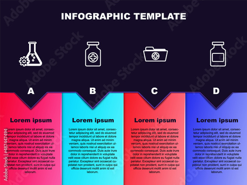 Set line Bioengineering, Medicine bottle, Health record folder and . Business infographic template. Vector