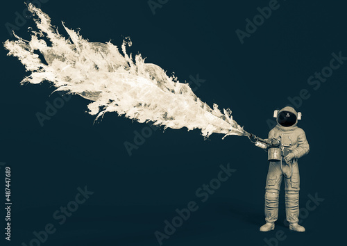 astronaut is holding a flamethrower is on fire