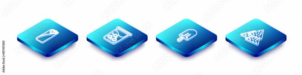 Set Isometric line Burrito, Glass with water, Ice cream and Nachos icon. Vector Set Isometric line Burrito, Glass with water, Ice cream and Nachos icon. Vector