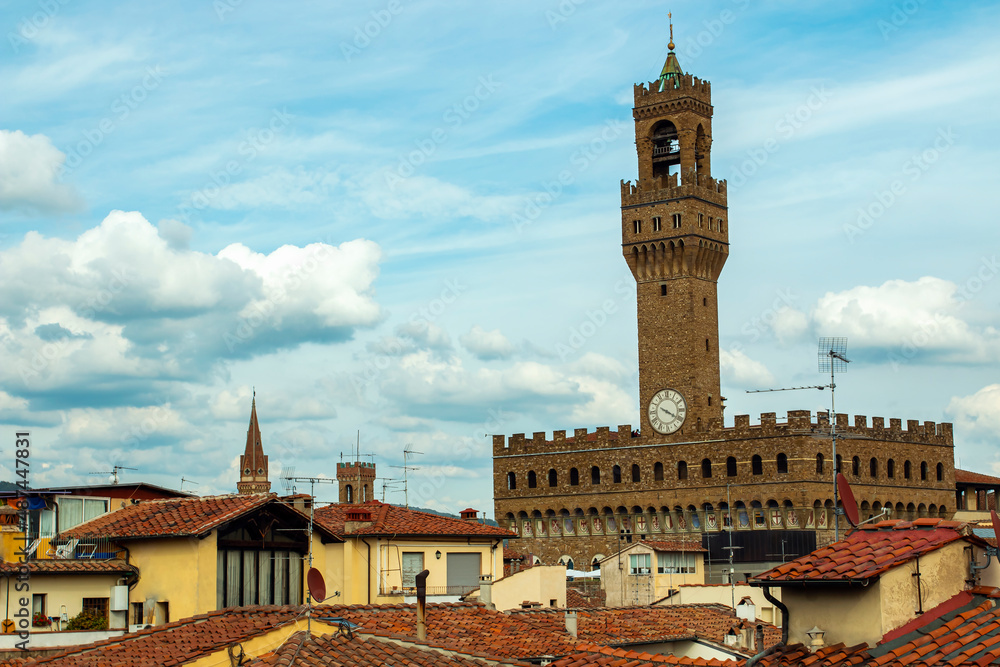 Tourist city in Europe. Florence city, Italy. Palace Vecchio. 