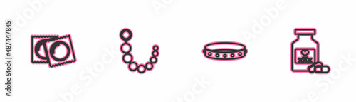 Set line Condoms in package, Leather fetish collar, Anal beads and Bottle with pills for potency icon. Vector