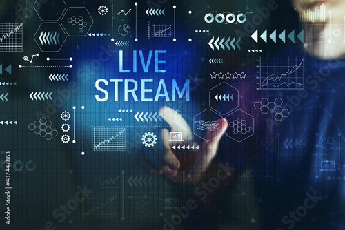 Live stream with young man on a dark background