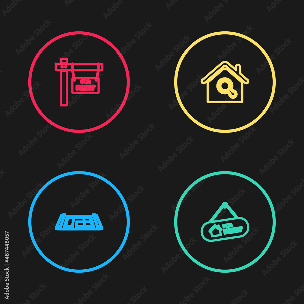Set line House plan, Hanging sign with For Rent, Search house and icon. Vector Set line House plan, Hanging sign with For Rent, Search house and icon. Vector