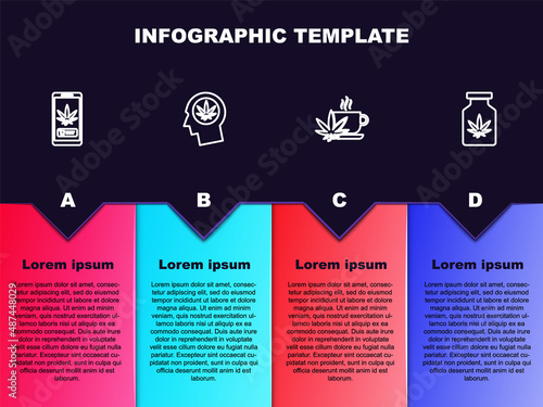 Set line Online buying marijuana, Head profile with, Cup tea and Medical bottle. Business infographic template. Vector