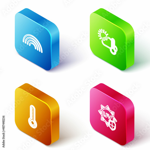 Set Isometric line Rainbow, Thermometer and cloud, sun, Meteorology thermometer and UV protection icon. Vector