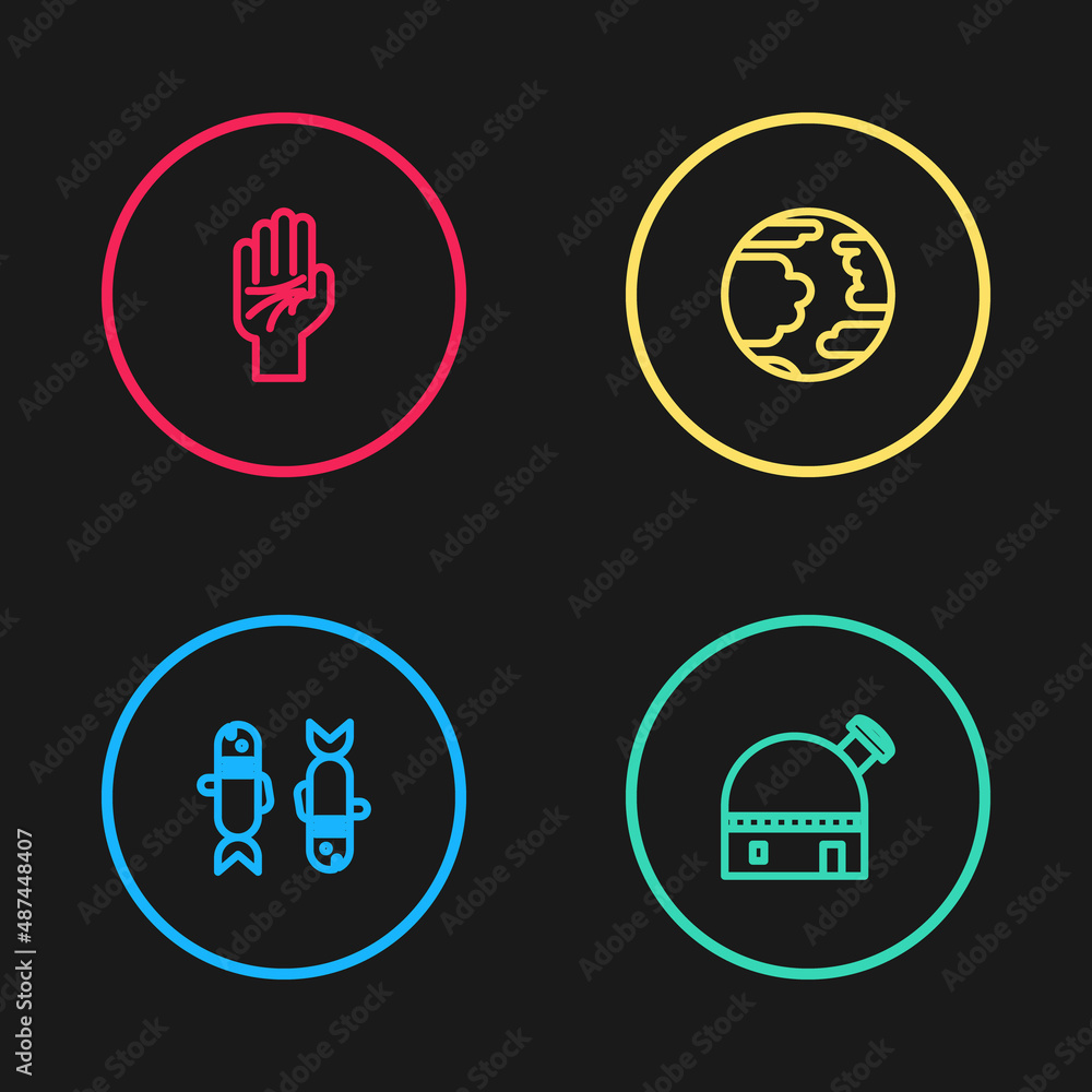 Set line Pisces zodiac, Astronomical observatory, Planet Mercury and Palmistry of the hand icon. Vector Set line Pisces zodiac, Astronomical observatory, Planet Mercury and Palmistry of the hand icon. Vector