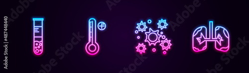 Set line Test tube and flask, Medical digital thermometer, Bacteria and Lungs. Glowing neon icon. Vector