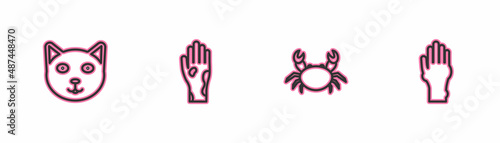 Set line Pet, Crab, Hand with psoriasis or eczema and icon. Vector