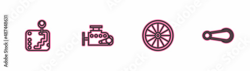 Set line Gear shifter, Car wheel, engine and door handle icon. Vector