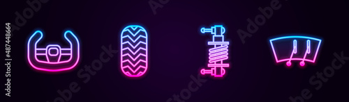 Set line Sport steering wheel, Car tire, Shock absorber and Windscreen wiper. Glowing neon icon. Vector