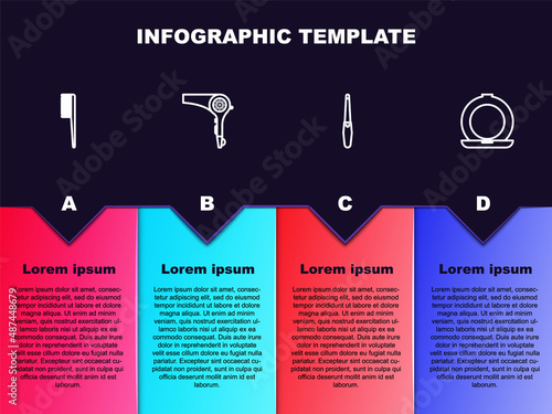 Set line Hairbrush, dryer, Nail file and Makeup powder with mirror. Business infographic template. Vector