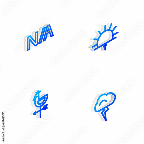 Set Isometric line Sunrise, Not applicable, Rooster weather vane and Storm icon. Vector
