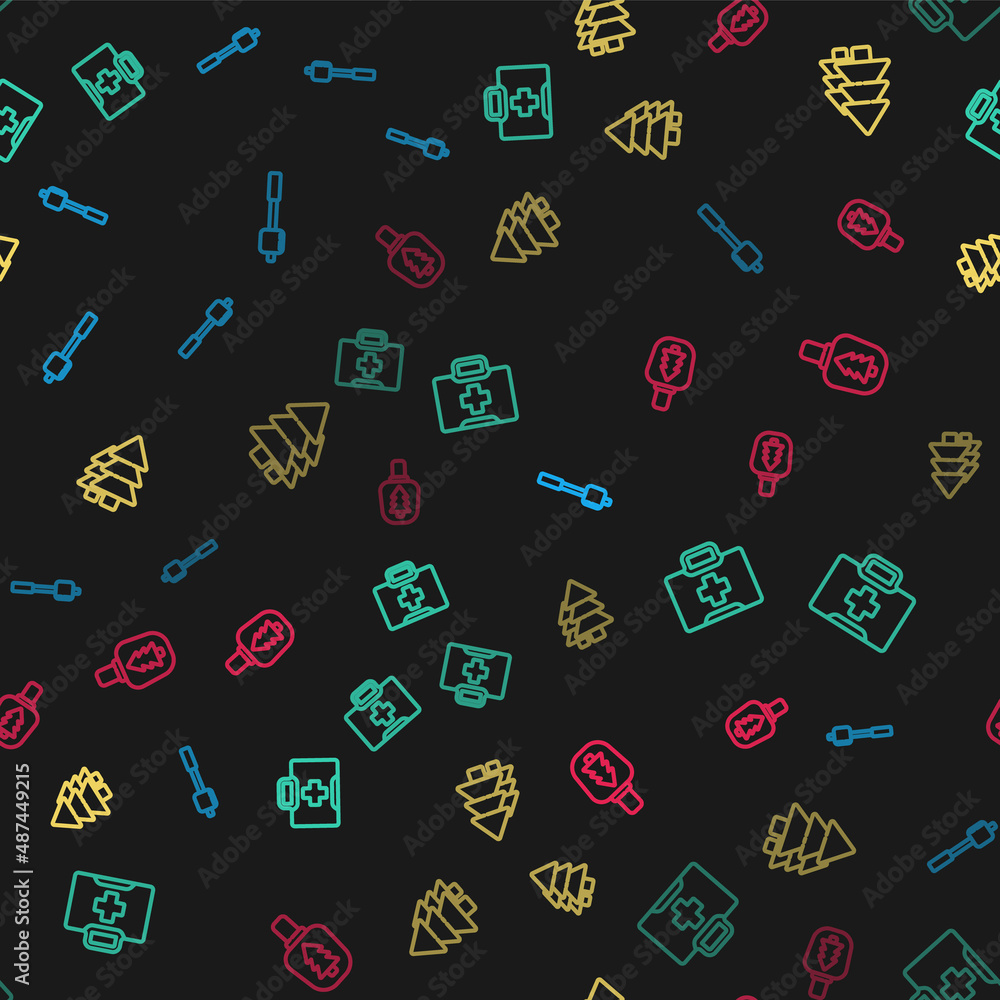 Set line Marshmallow on stick, First aid kit, Tree and Canteen water bottle on seamless pattern. Vector Set line Marshmallow on stick, First aid kit, Tree and Canteen water bottle on seamless pattern. Vector
