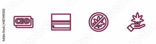 Set line Cannabis molecule, Stop marijuana or cannabis leaf, Rolling paper and Marijuana icon. Vector