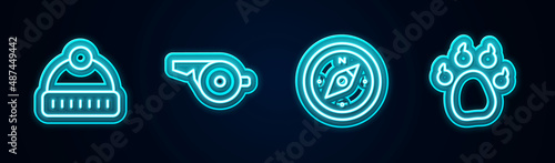 Set line Winter hat, Whistle, Compass and Paw print. Glowing neon icon. Vector